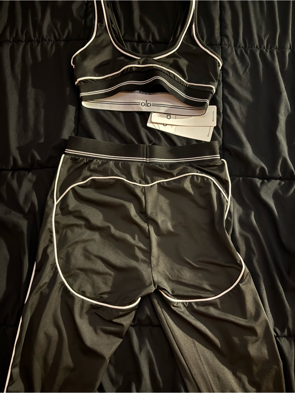 ALO Yoga Black Sports Bralette and Piped Shorts Set